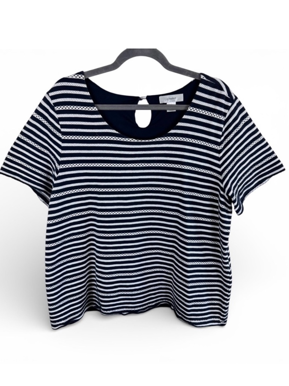 CJ Banks 1X Navy Blue White Striped Eyelet Keyhole Short Sleeve Top Nautical